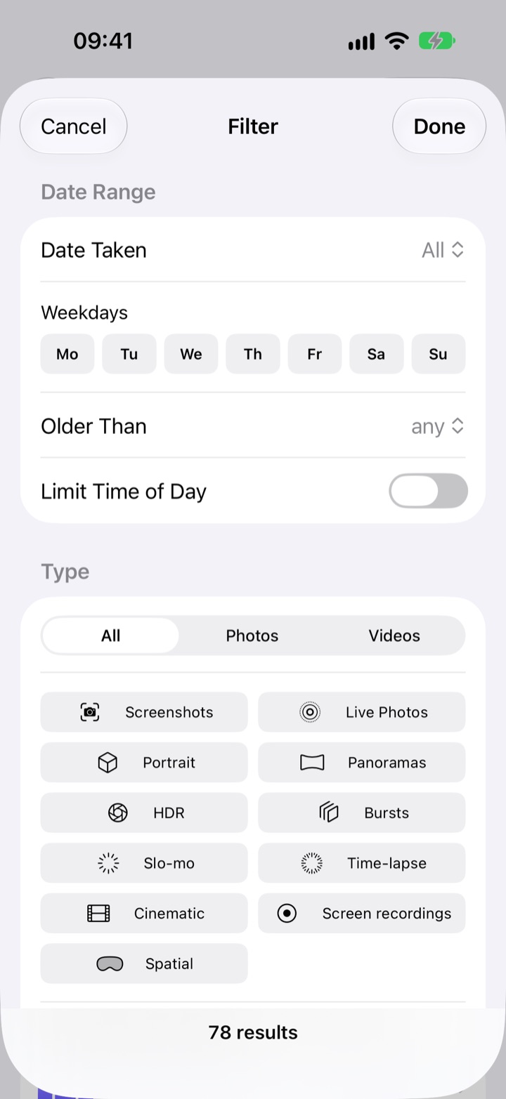 Filters with date range, media type, size and more