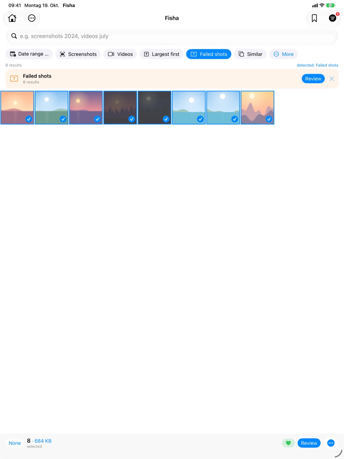 Fisha on iPad: selected photos with storage display