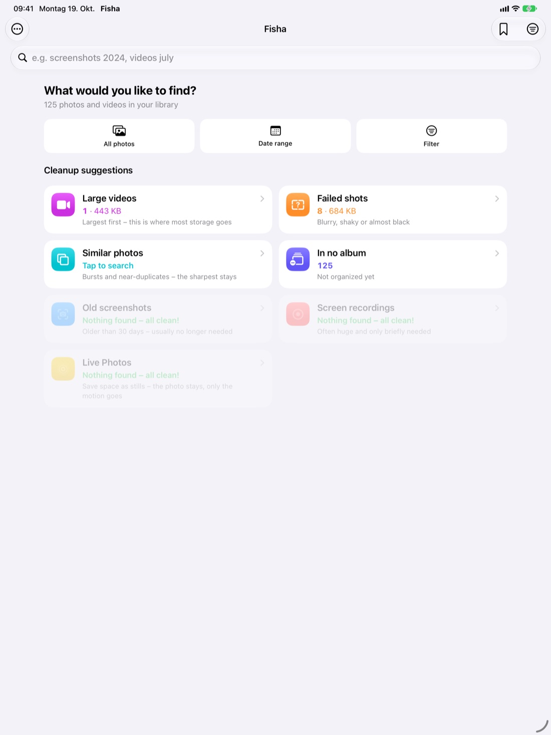 Fisha on iPad: home screen with cleanup suggestions