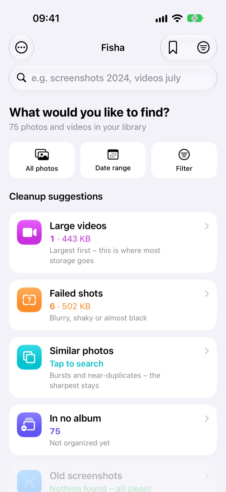 Fisha home screen with cleanup suggestions