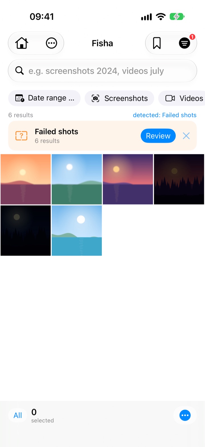 Six failed shots with a Review button